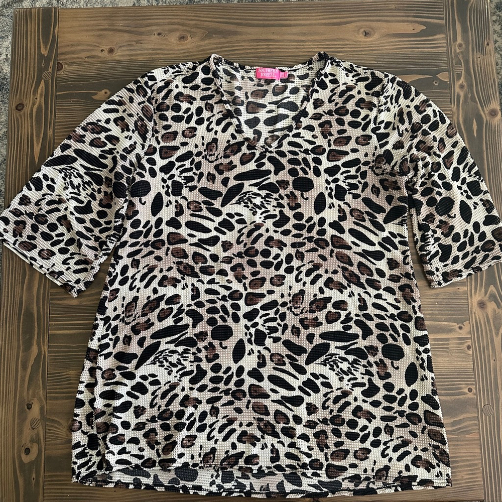 Women's Southern Breeze 2XL Beige Black Leopard Textured V-Neck Beach Cover Up